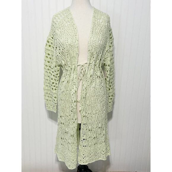 Free People‎ Sweet Talker Long Crochet Cardigan Honeydew Green XS Extra Small - Picture 3 of 13